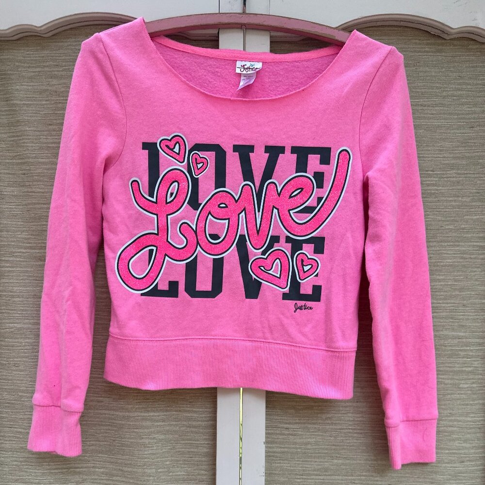Justice Pink Sweatshirt Love Hearts Sparkly Balletcore Girls Size 10